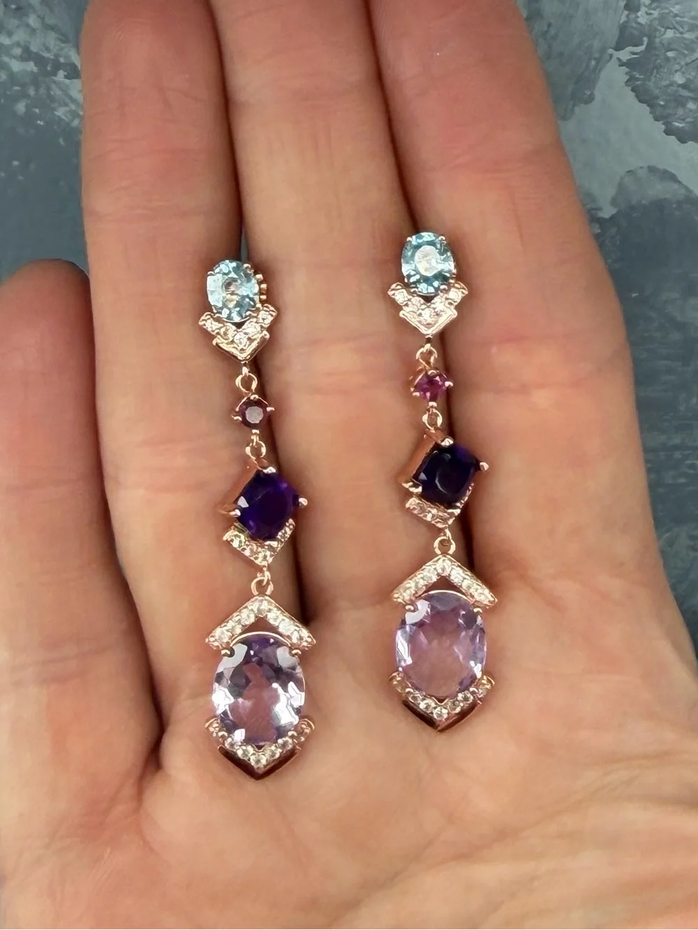 STUNNING! Natural Amethyst, Garnet, Topaz Dangle Earrings 14K Rose Gold over SS